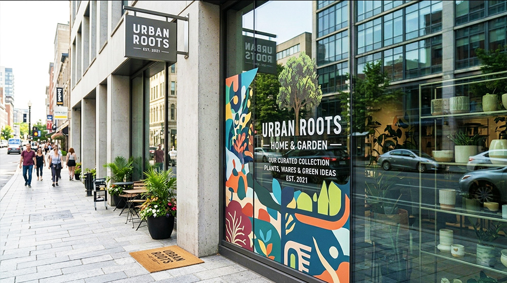 Finished window graphics installation on storefront with clean professional appearance